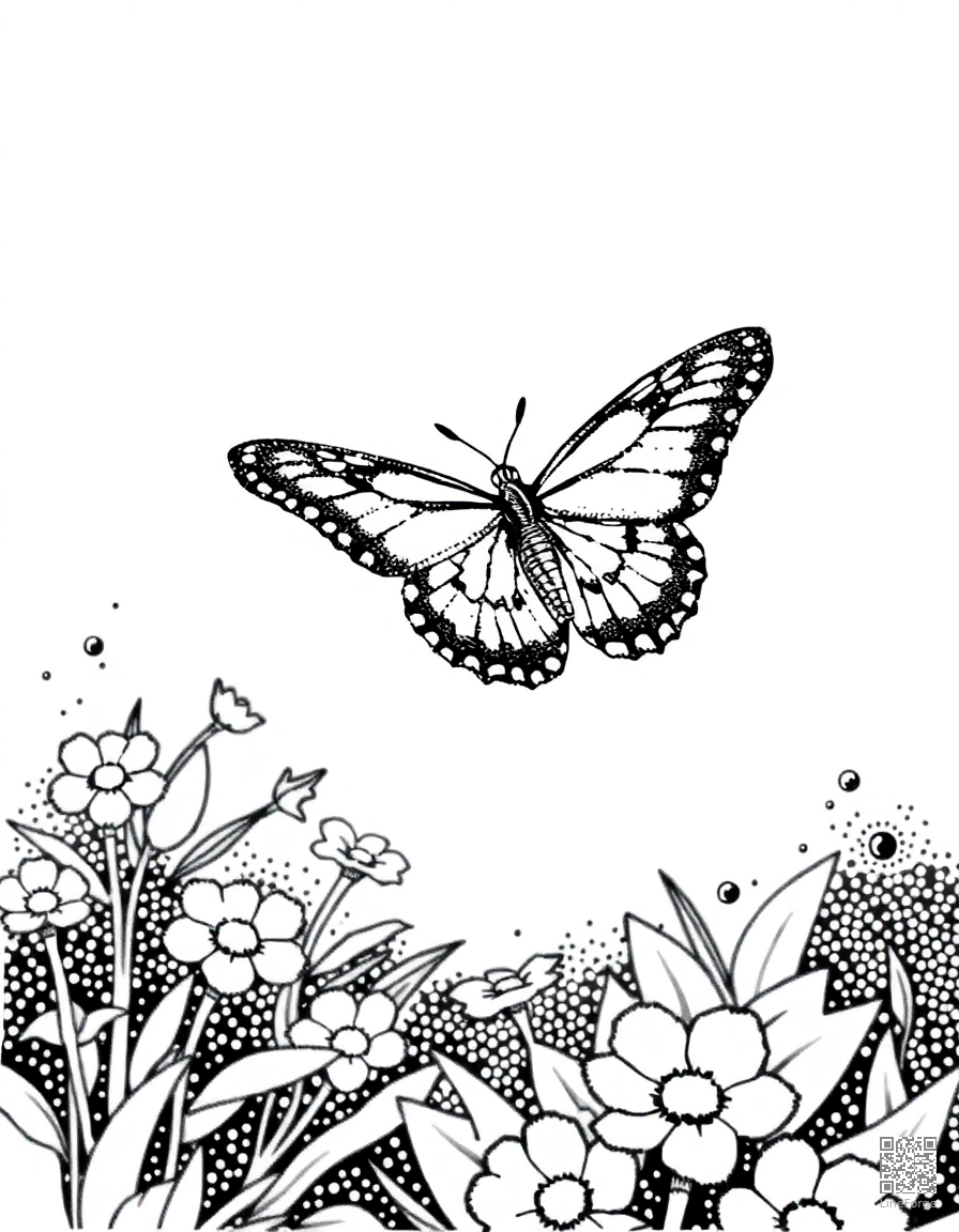 A swallowtail butterfly in flight over a garden coloring page Stipple style - free printable
