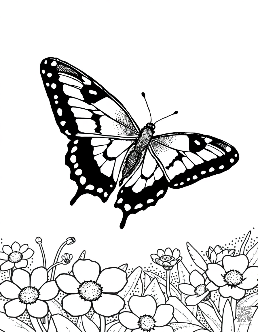 A swallowtail butterfly in flight over a garden coloring page Stipple style - free printable