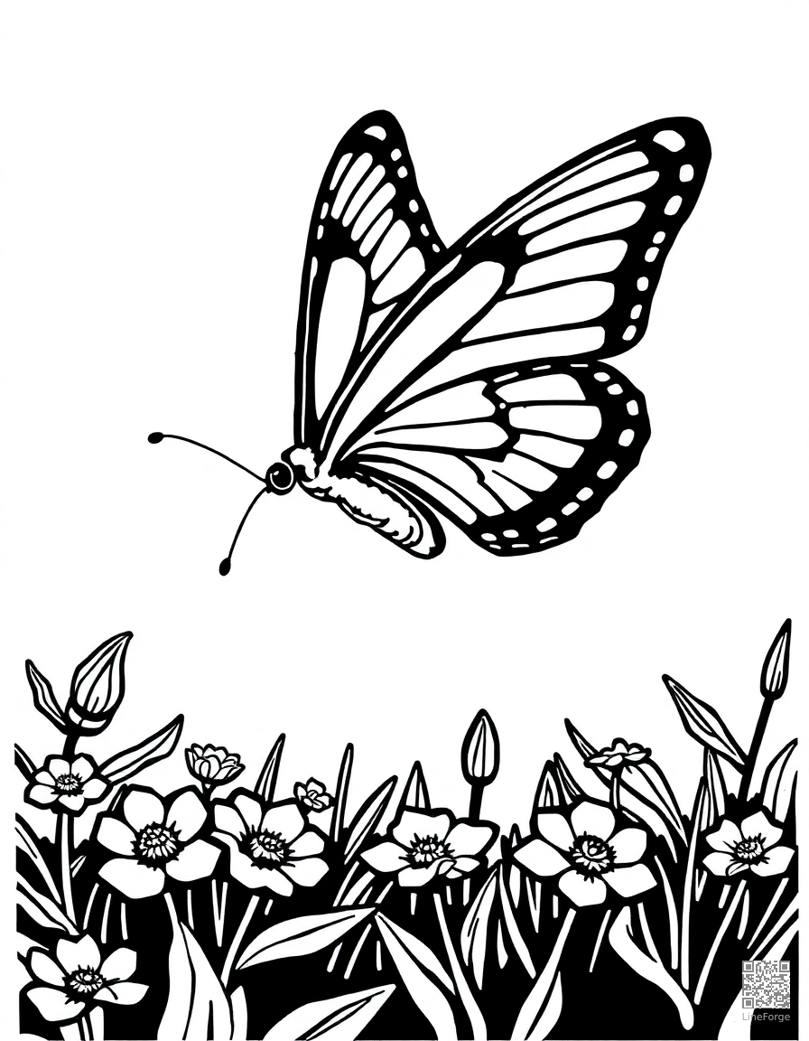 Free a swallowtail butterfly in flight over a garden coloring page in woodcut style — printable line art