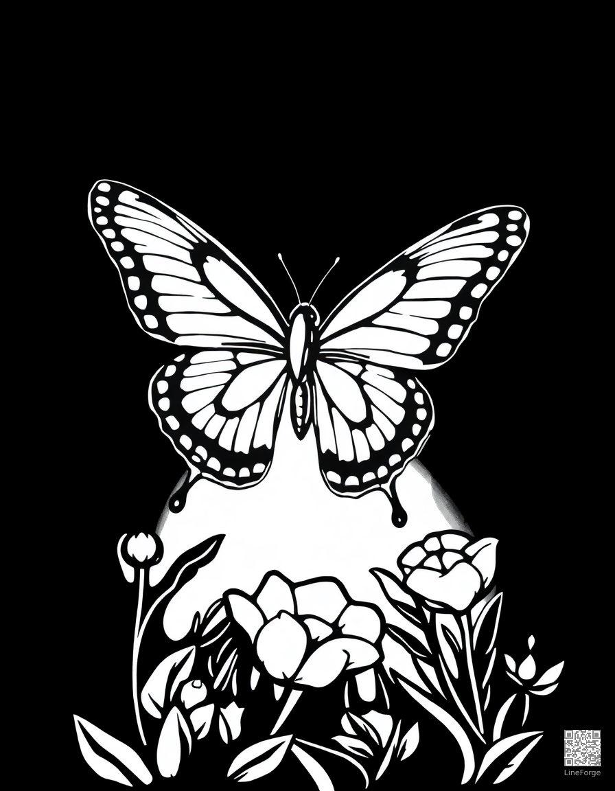 Free a swallowtail butterfly in flight over a garden coloring page in woodcut style — printable line art