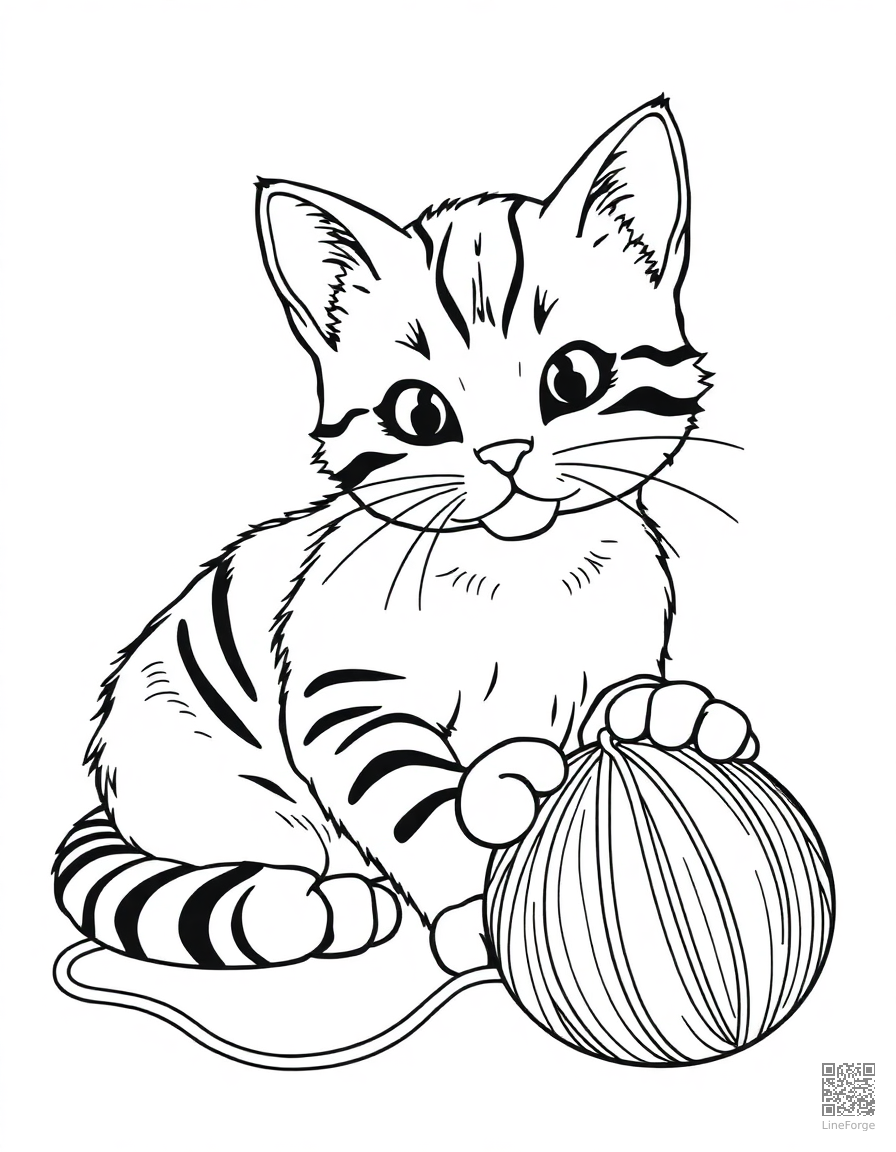 A tabby cat playing with a ball of yarn coloring page Contour style - free printable