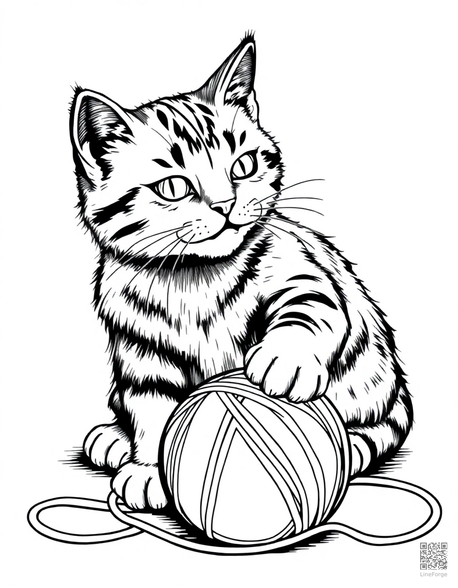 A tabby cat playing with a ball of yarn coloring page Crosshatch style - free printable