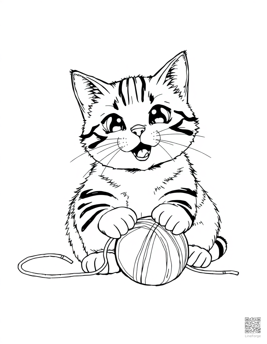 A tabby cat playing with a ball of yarn coloring page Manga style - free printable