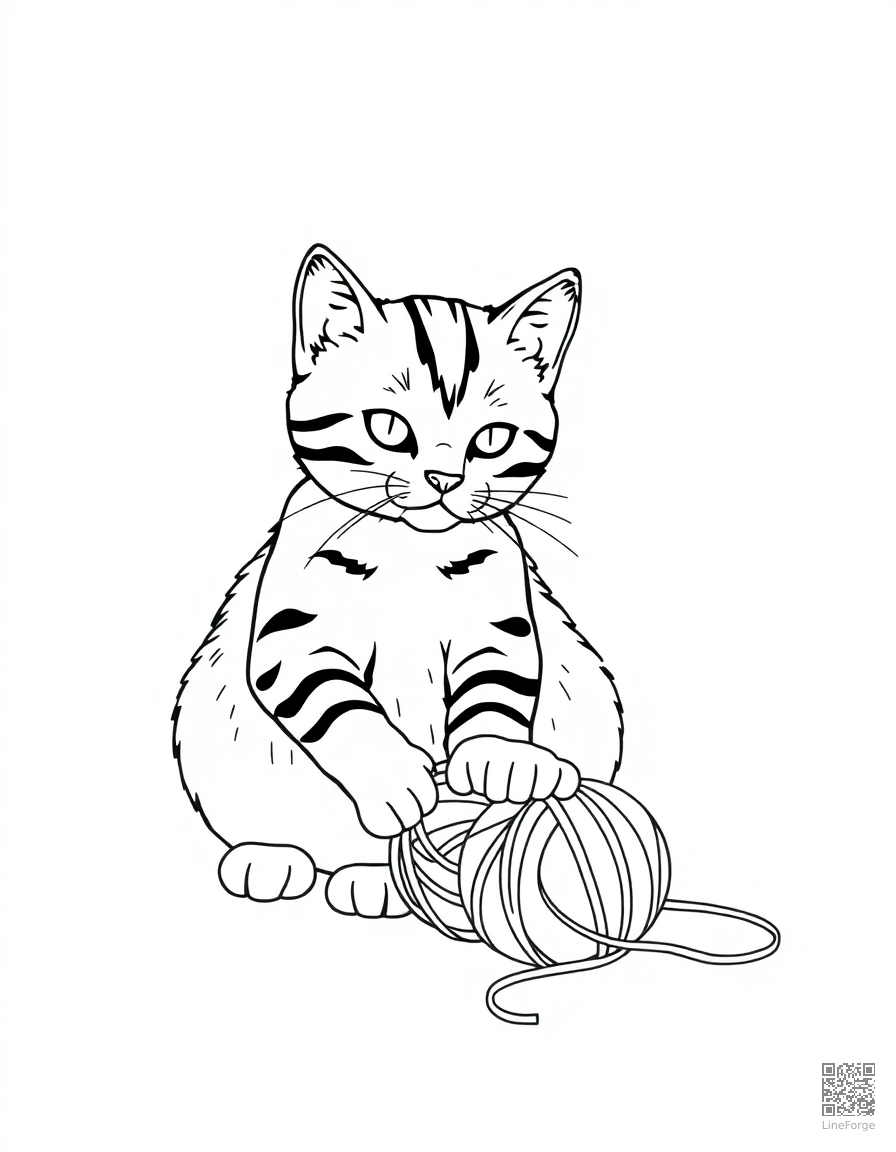 A tabby cat playing with a ball of yarn coloring page Minimal style - free printable