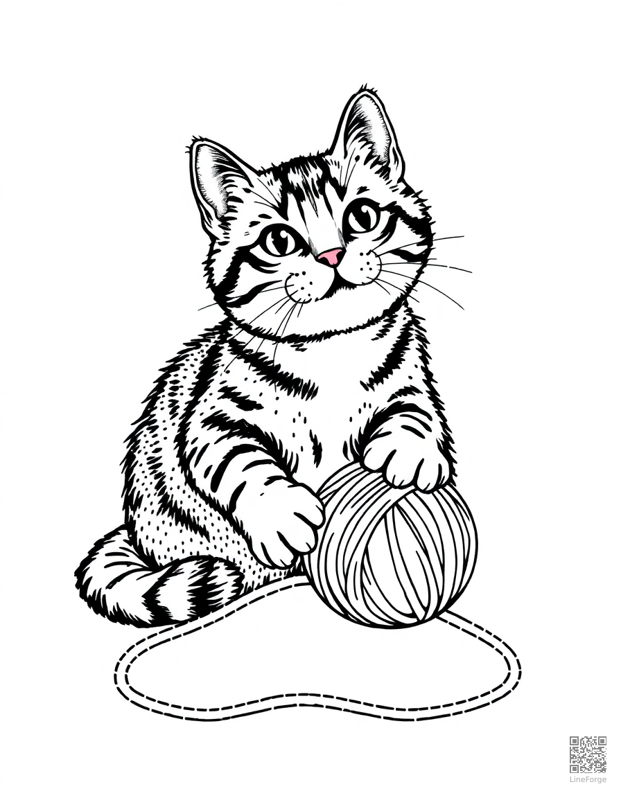 A tabby cat playing with a ball of yarn coloring page Stipple style - free printable