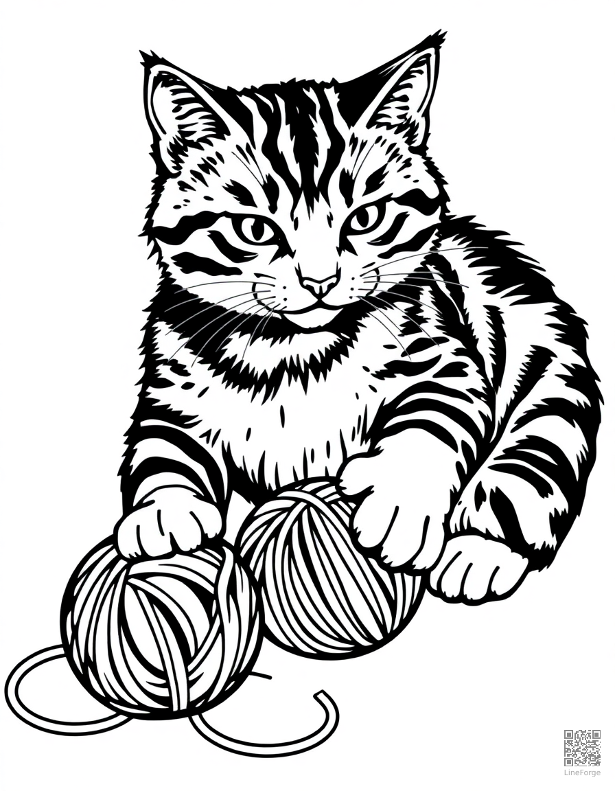 A tabby cat playing with a ball of yarn coloring page Woodcut style - free printable