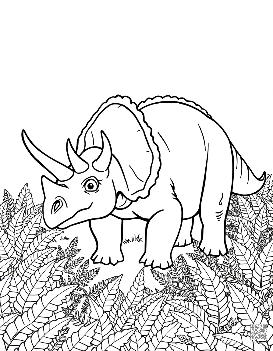 A triceratops grazing in a field of ferns coloring page Contour style - free printable
