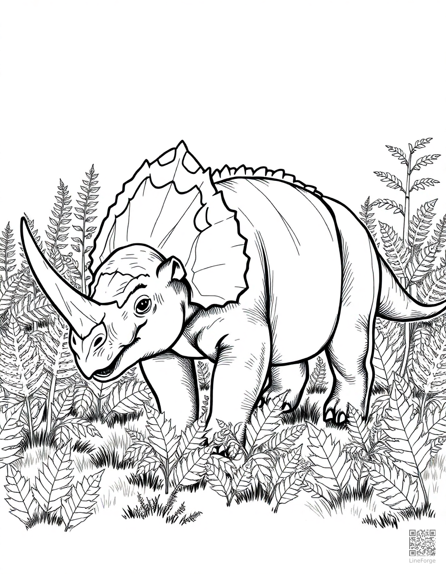 A triceratops grazing in a field of ferns coloring page Crosshatch style - free printable