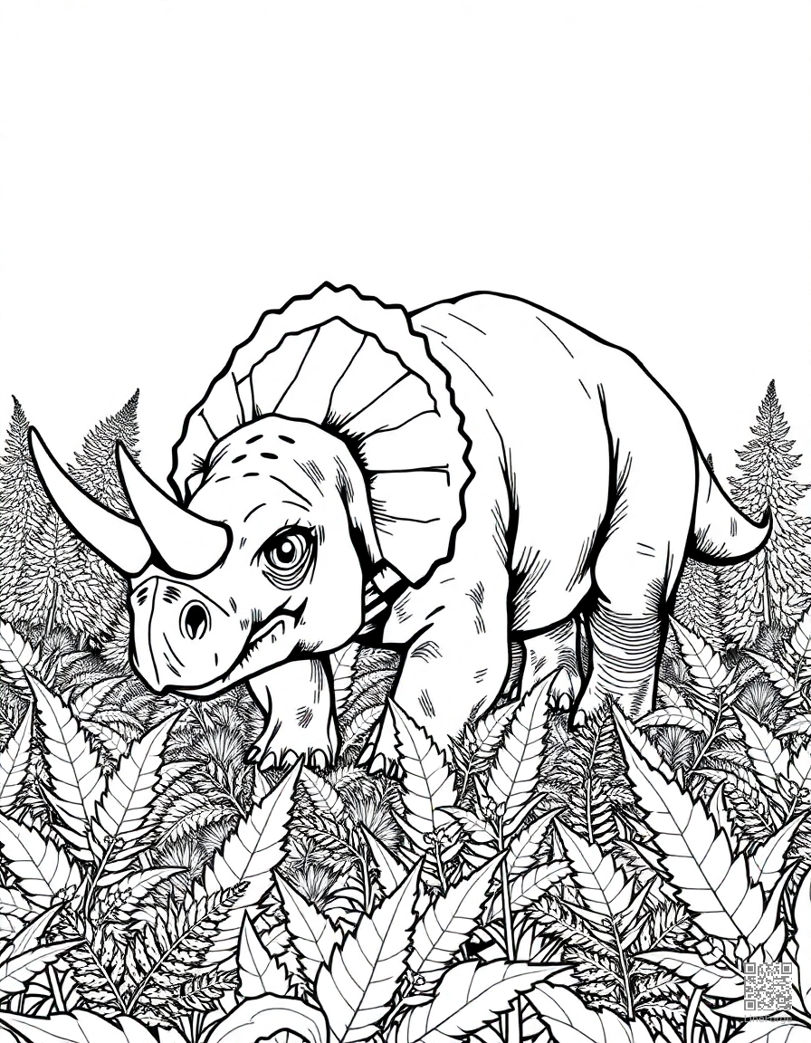 A triceratops grazing in a field of ferns coloring page Manga style - free printable