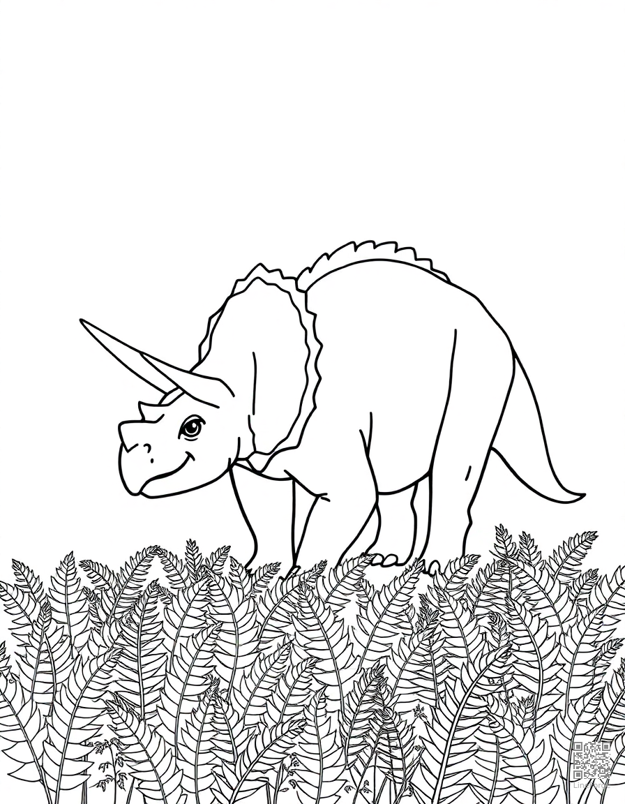 A triceratops grazing in a field of ferns coloring page Minimal style - free printable