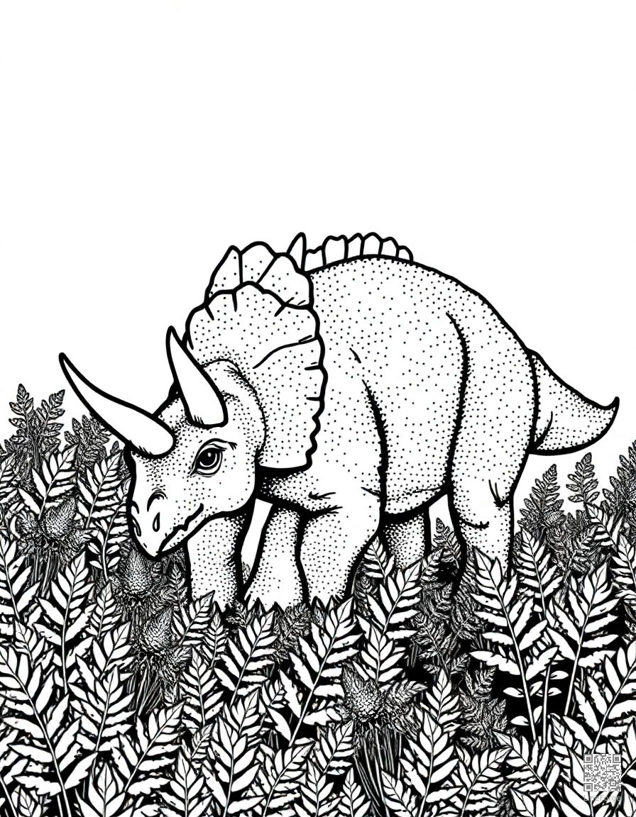 A triceratops grazing in a field of ferns coloring page Stipple style - free printable