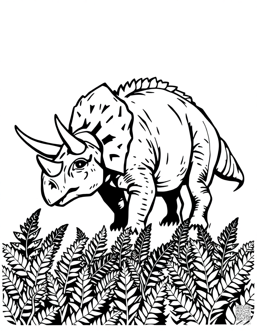 A triceratops grazing in a field of ferns coloring page Woodcut style - free printable