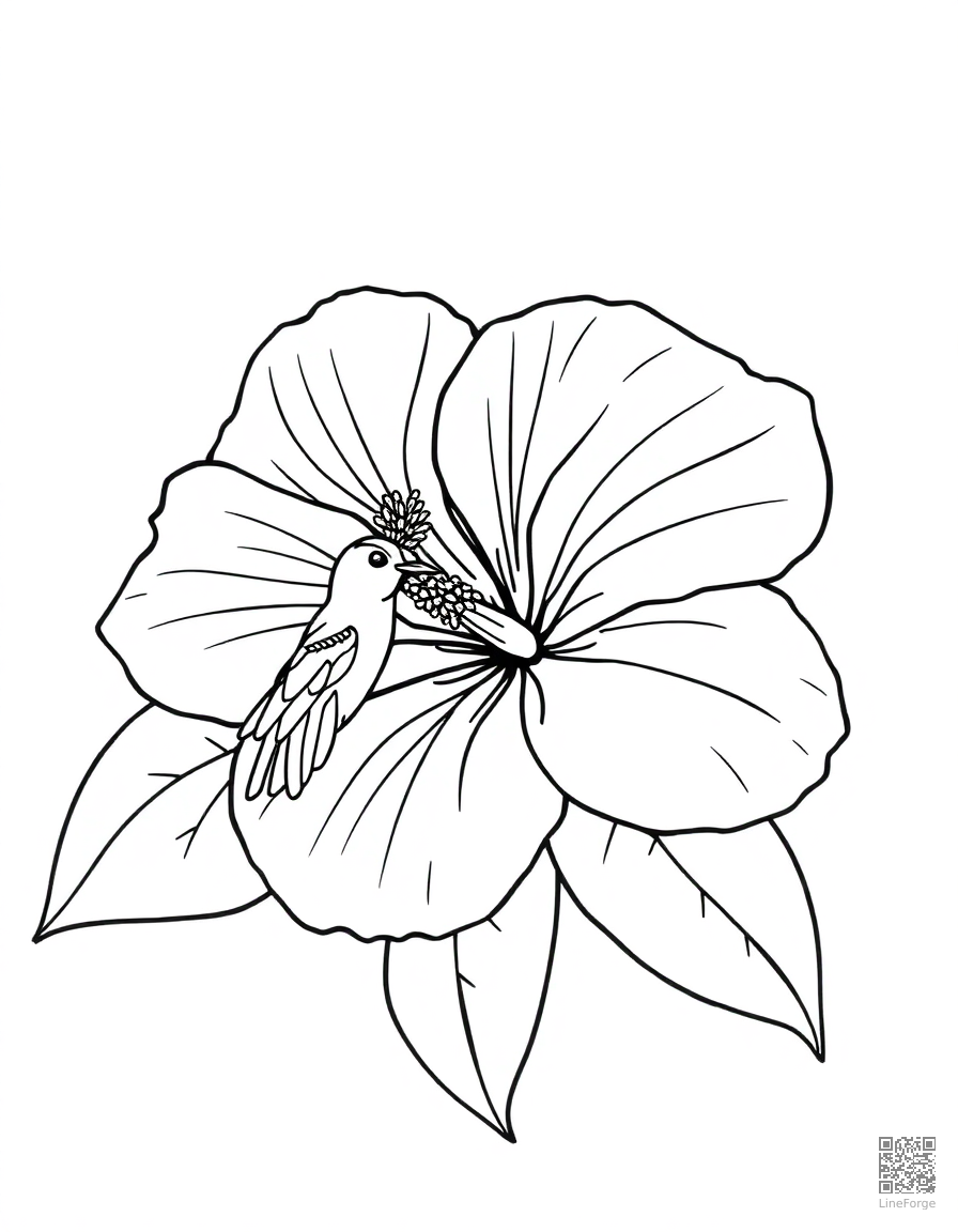 A tropical hibiscus flower with hummingbird coloring page Contour style - free printable