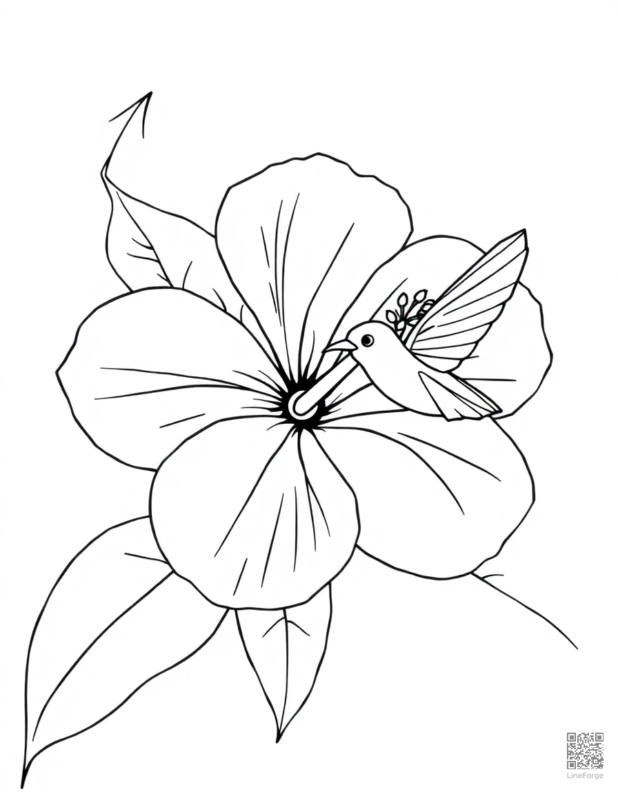 A tropical hibiscus flower with hummingbird coloring page Contour style - free printable