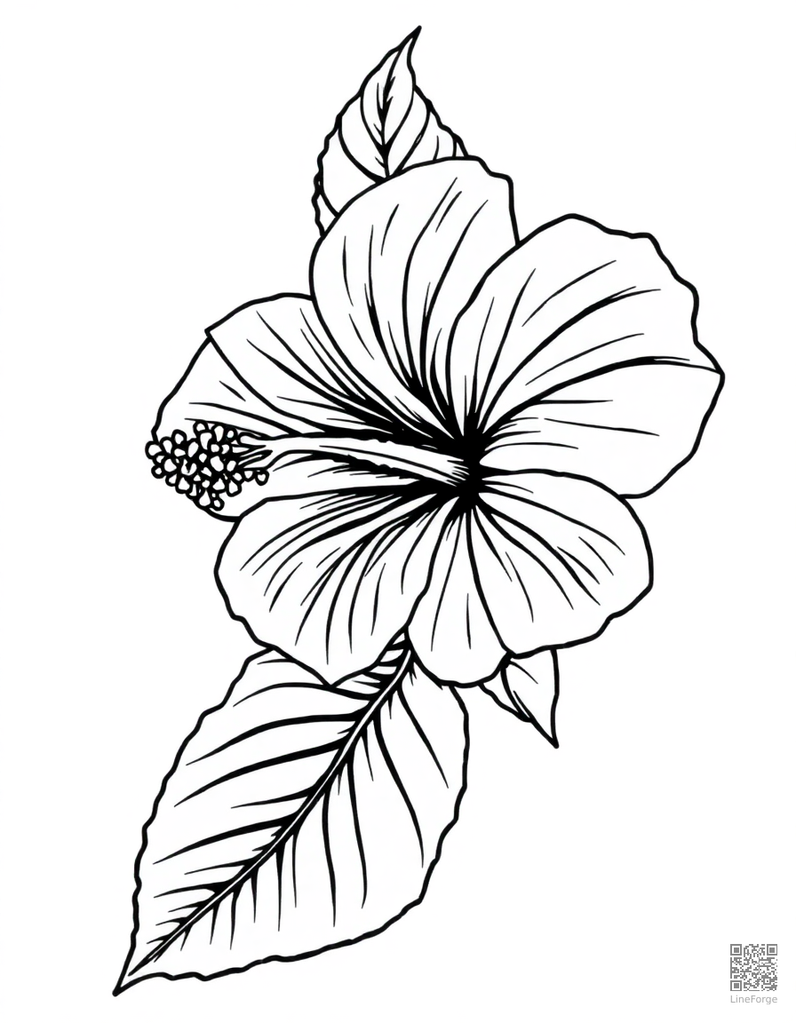 A tropical hibiscus flower with hummingbird coloring page Crosshatch style - free printable