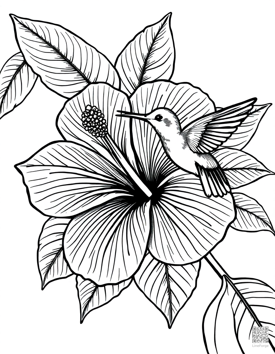 A tropical hibiscus flower with hummingbird coloring page Crosshatch style - free printable
