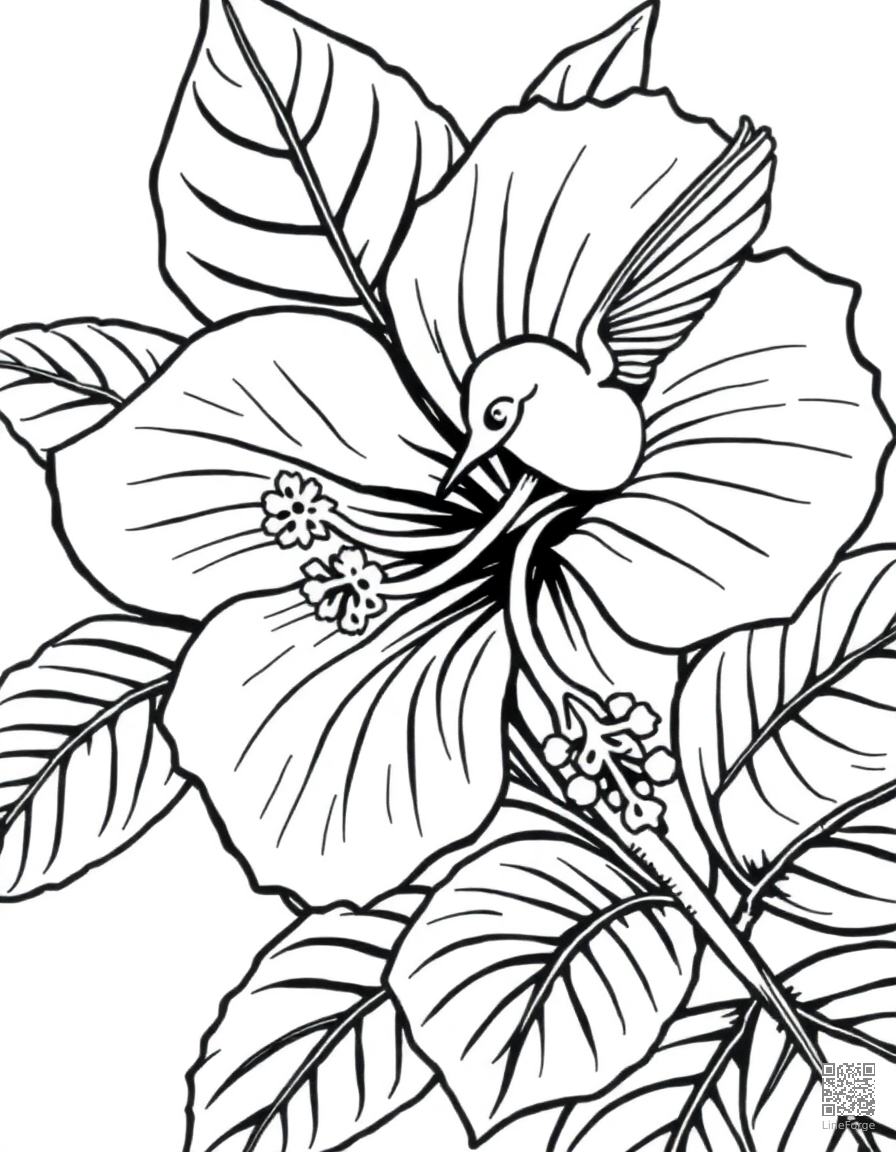 A tropical hibiscus flower with hummingbird coloring page Manga style - free printable