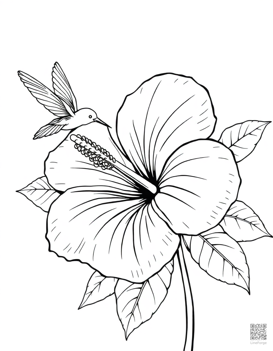 A tropical hibiscus flower with hummingbird coloring page Manga style - free printable