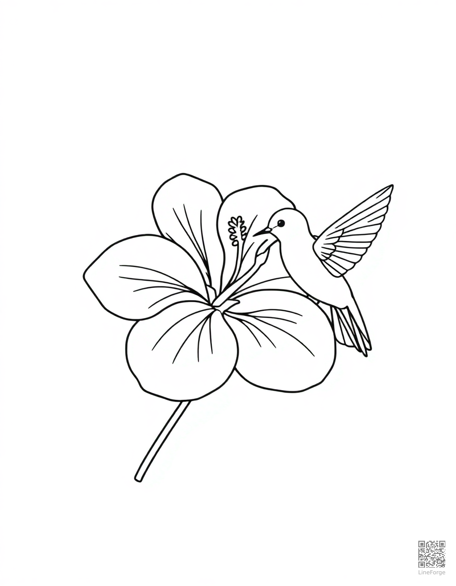 A tropical hibiscus flower with hummingbird coloring page Minimal style - free printable