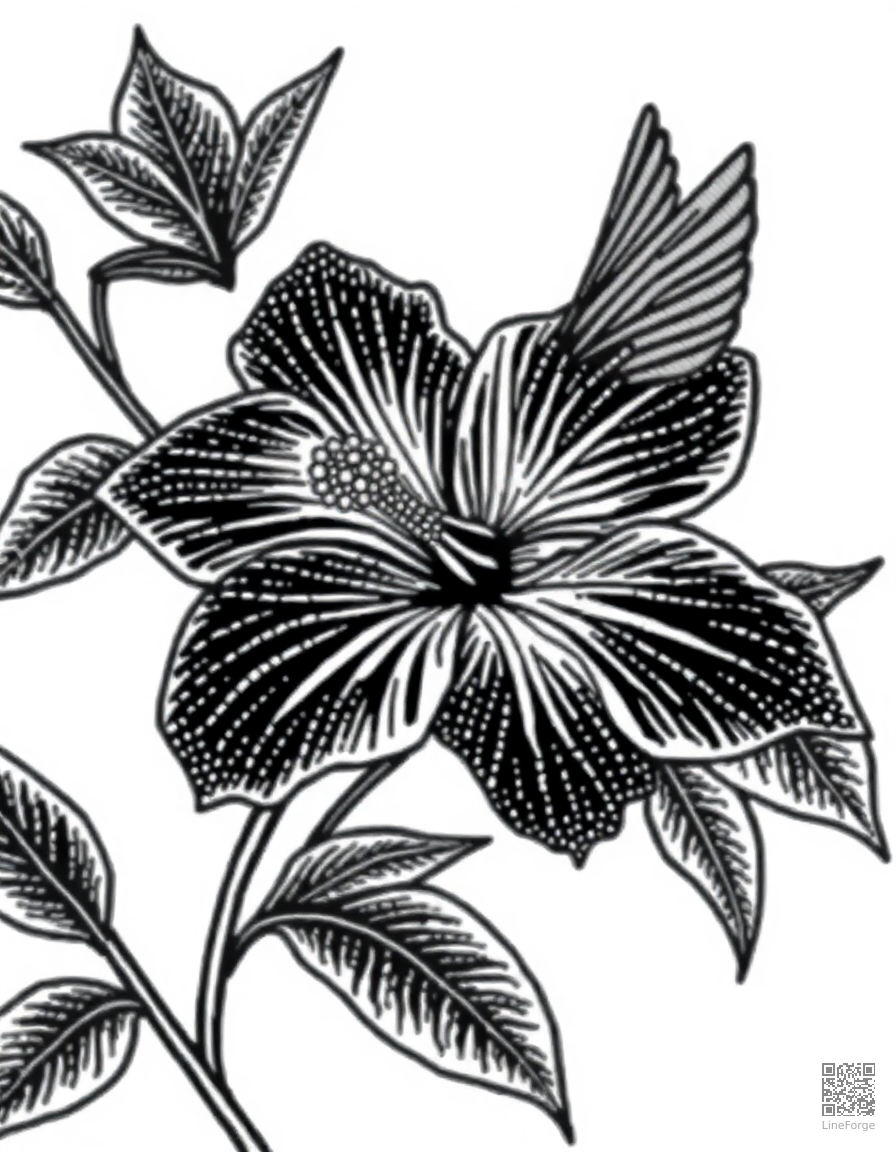 A tropical hibiscus flower with hummingbird coloring page Stipple style - free printable