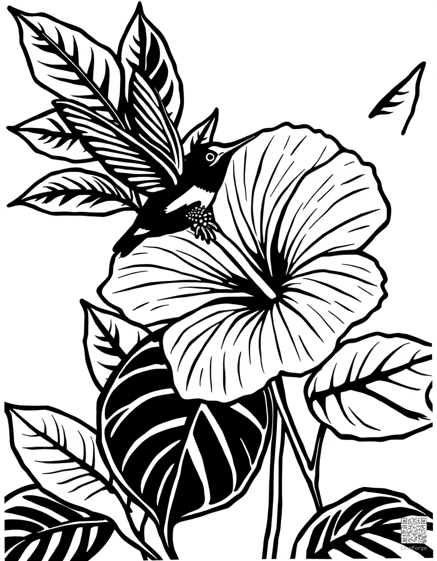 A tropical hibiscus flower with hummingbird coloring page Woodcut style - free printable