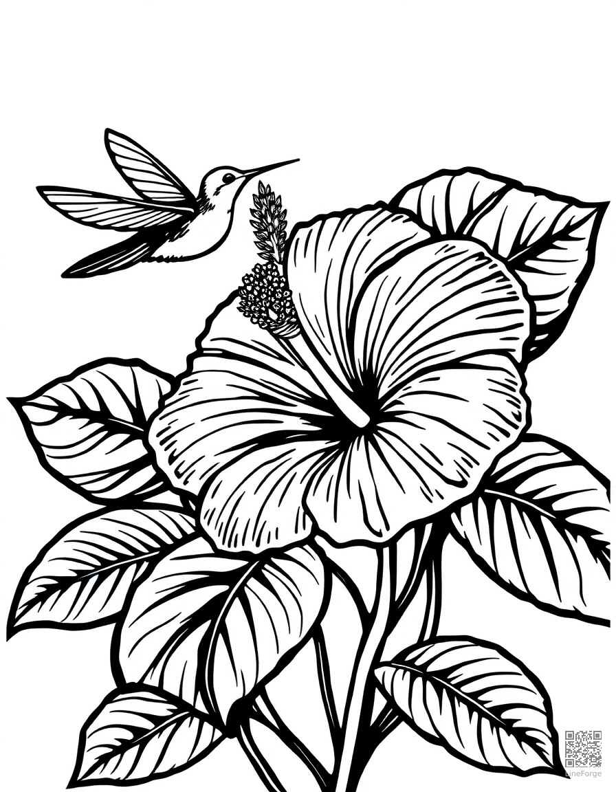 A tropical hibiscus flower with hummingbird coloring page Woodcut style - free printable