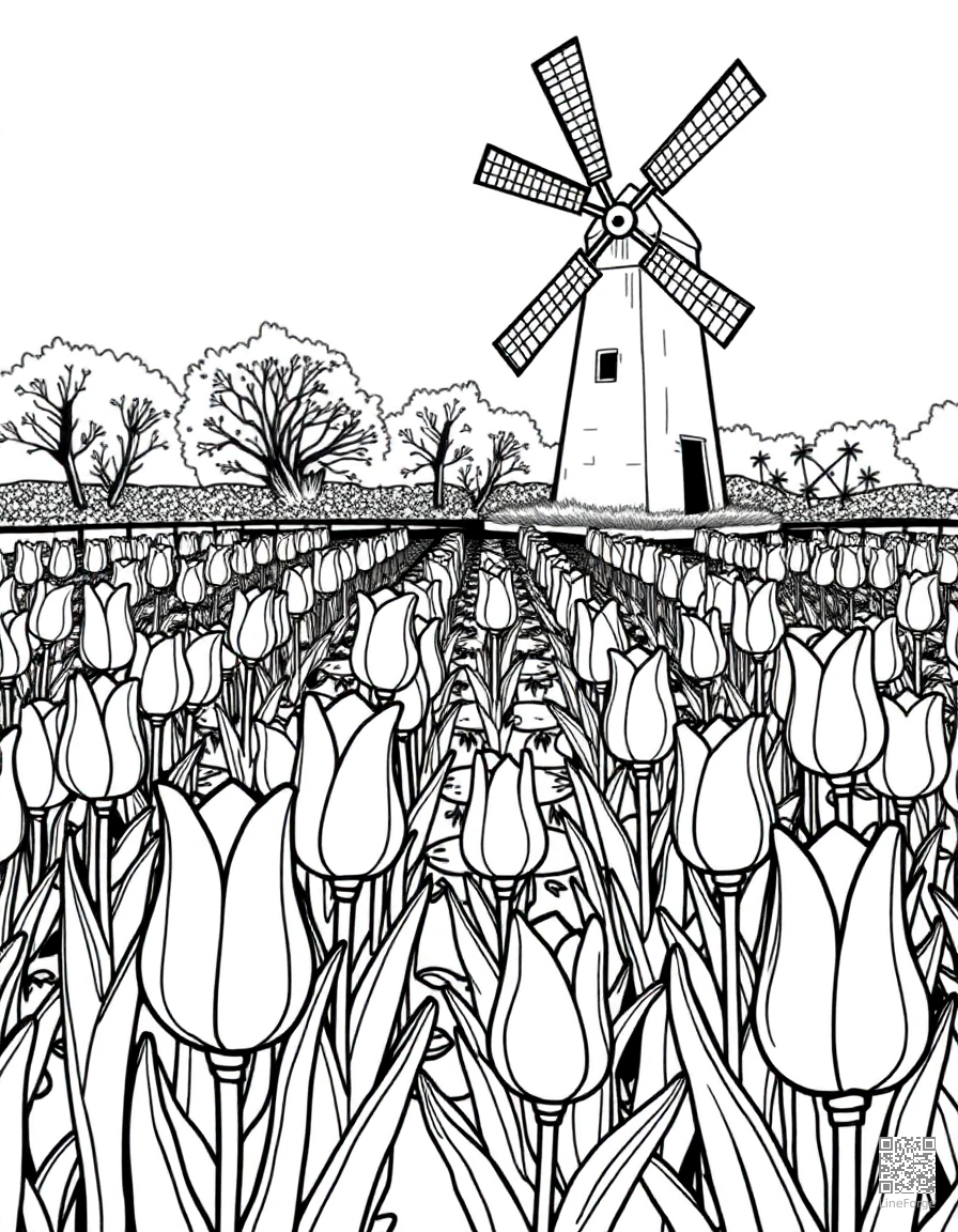 A tulip garden in neat rows with a windmill coloring page Contour style - free printable