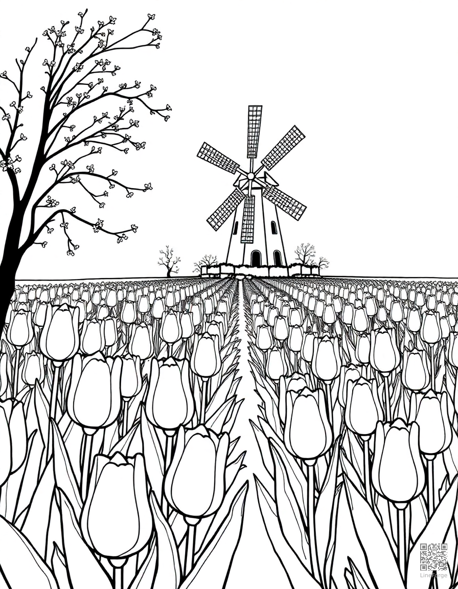A tulip garden in neat rows with a windmill coloring page Contour style - free printable