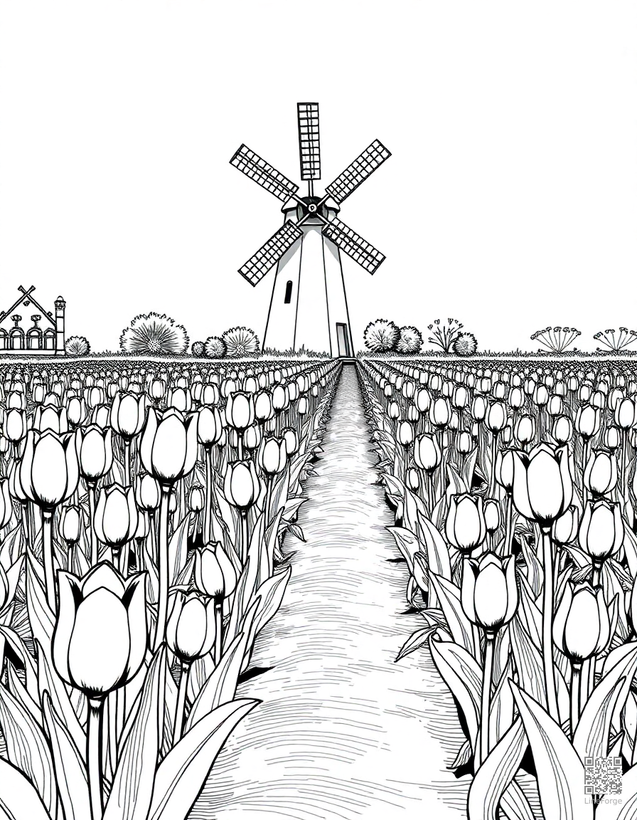A tulip garden in neat rows with a windmill coloring page Crosshatch style - free printable