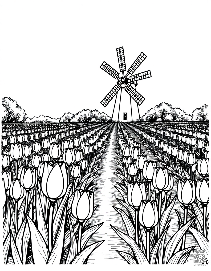 A tulip garden in neat rows with a windmill coloring page Crosshatch style - free printable