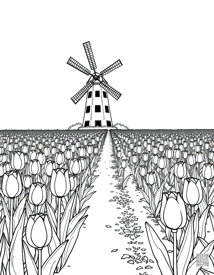 A tulip garden in neat rows with a windmill coloring page Manga style - free printable