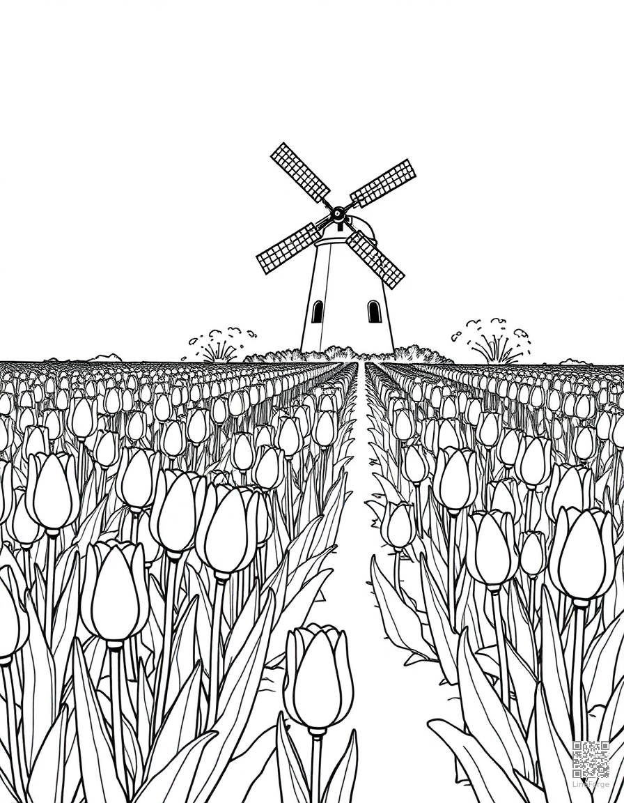 A tulip garden in neat rows with a windmill coloring page Manga style - free printable