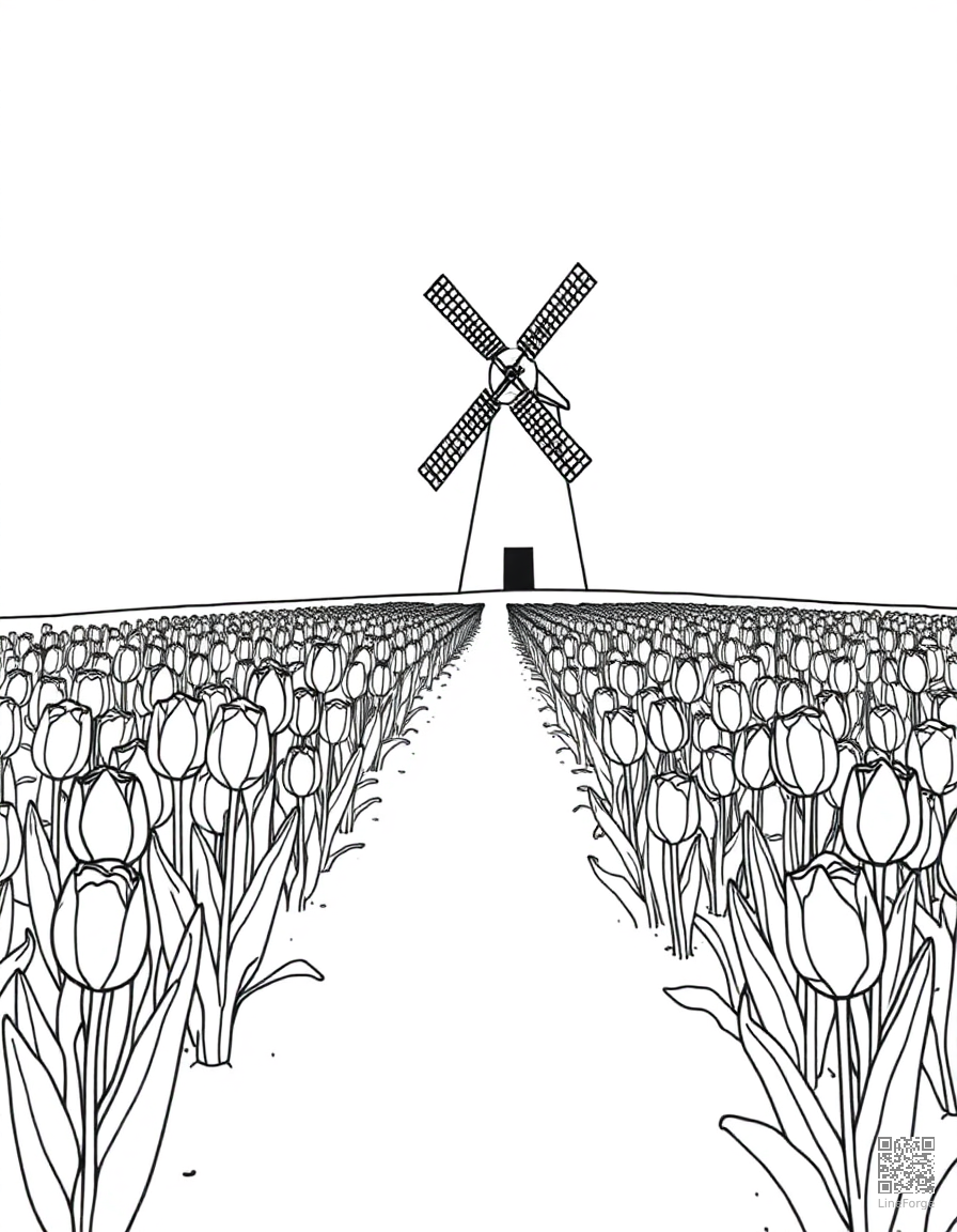 A tulip garden in neat rows with a windmill coloring page Minimal style - free printable