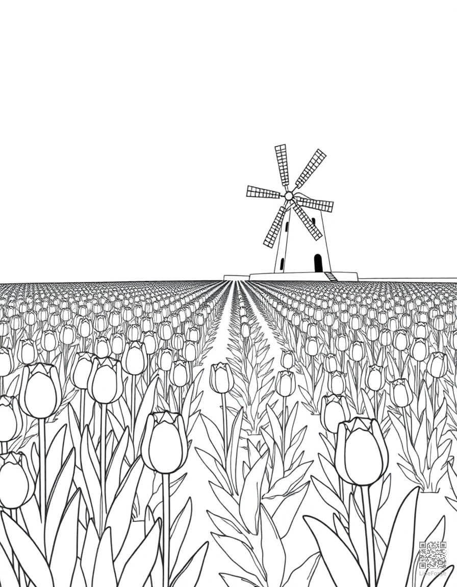 A tulip garden in neat rows with a windmill coloring page Minimal style - free printable
