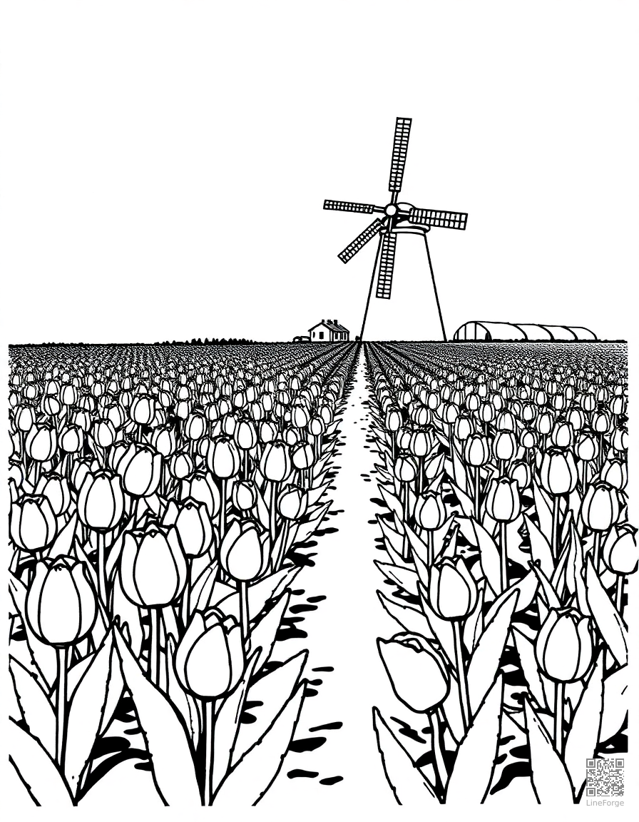A tulip garden in neat rows with a windmill coloring page Stipple style - free printable
