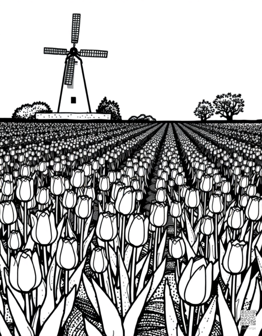 A tulip garden in neat rows with a windmill coloring page Stipple style - free printable