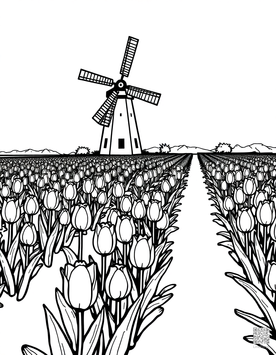 A tulip garden in neat rows with a windmill coloring page Woodcut style - free printable