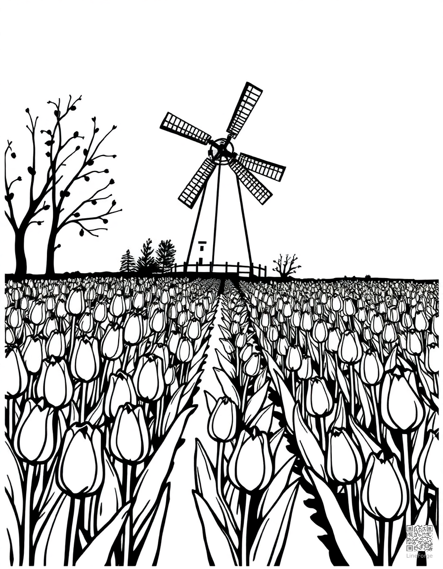 A tulip garden in neat rows with a windmill coloring page Woodcut style - free printable