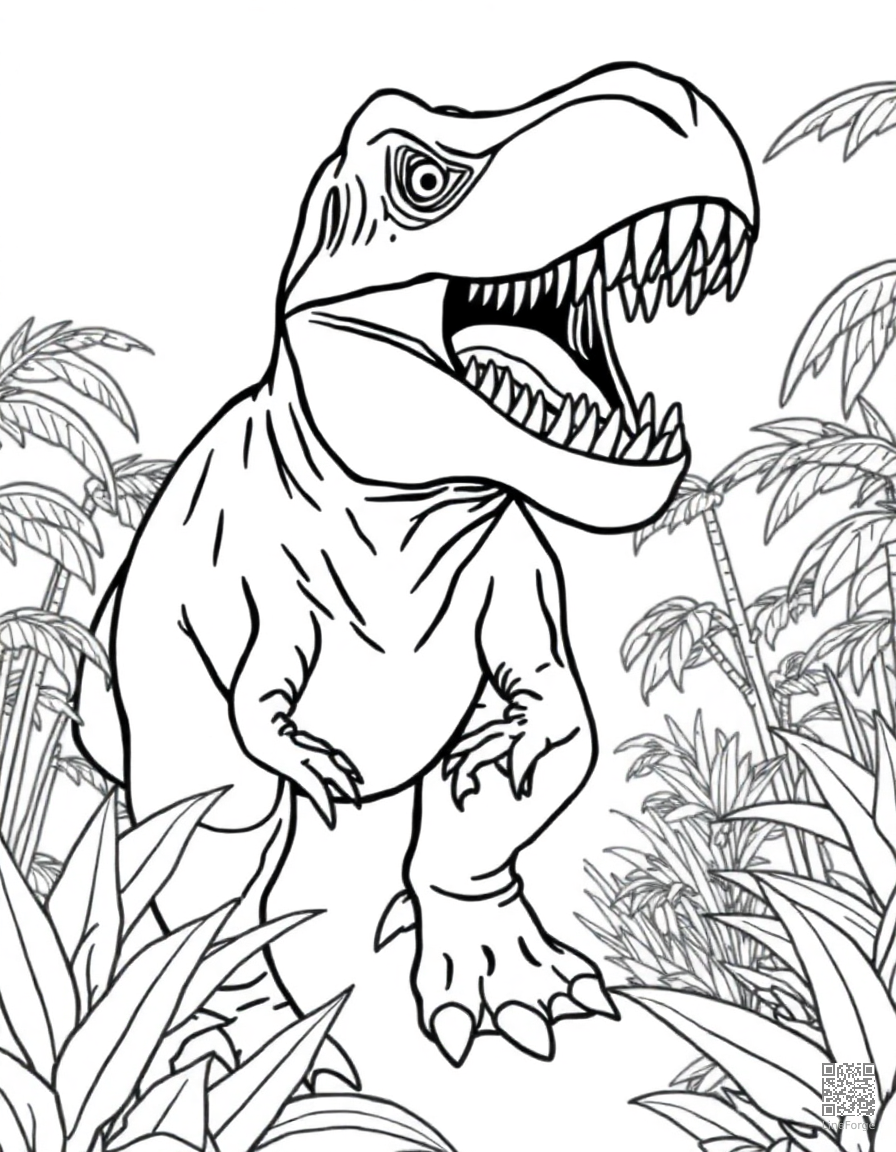 A tyrannosaurus rex roaring in a prehistoric jungle coloring page Contour style - free printable