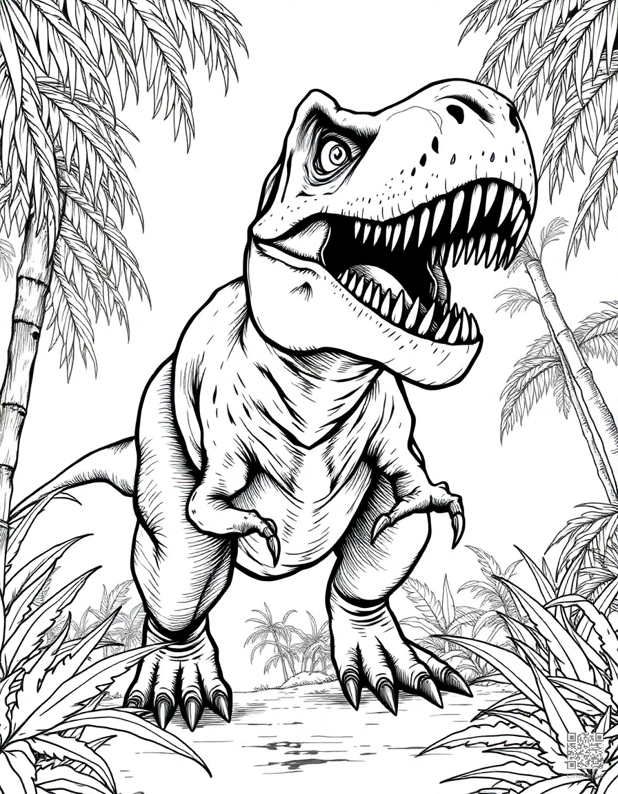A tyrannosaurus rex roaring in a prehistoric jungle coloring page Crosshatch style - free printable