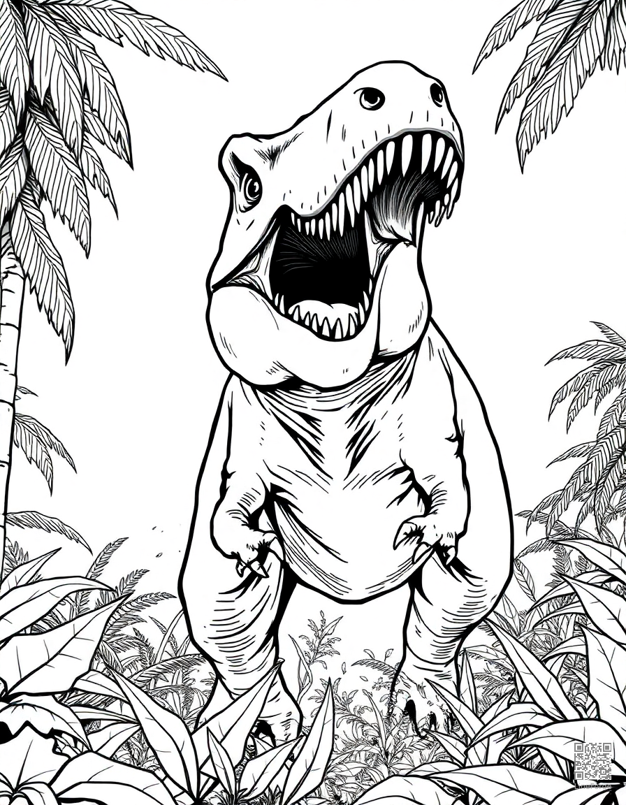 A tyrannosaurus rex roaring in a prehistoric jungle coloring page Manga style - free printable