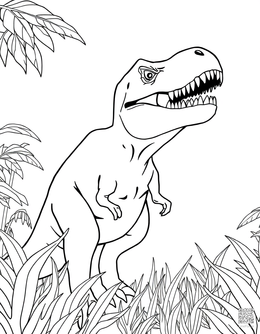 A tyrannosaurus rex roaring in a prehistoric jungle coloring page Minimal style - free printable