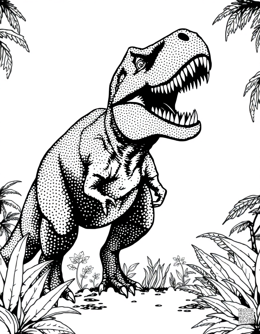 A tyrannosaurus rex roaring in a prehistoric jungle coloring page Stipple style - free printable