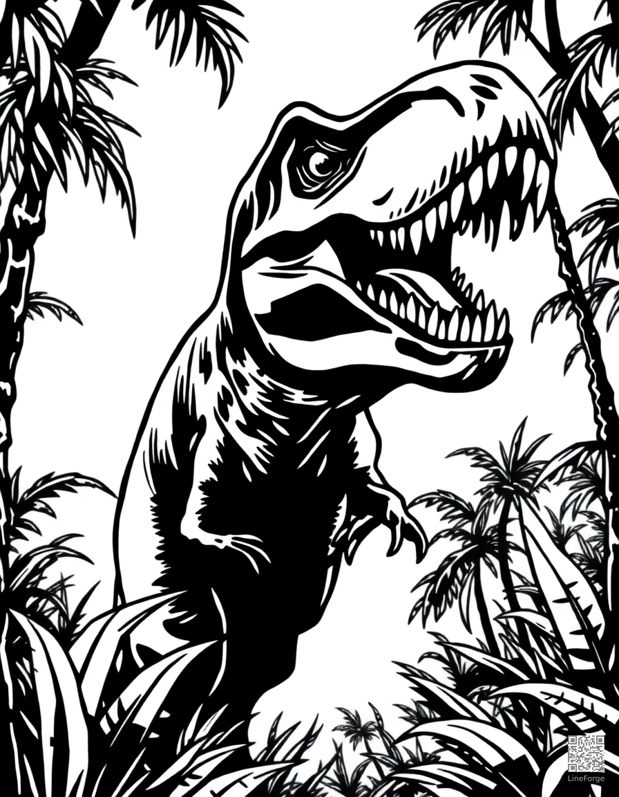 A tyrannosaurus rex roaring in a prehistoric jungle coloring page Woodcut style - free printable