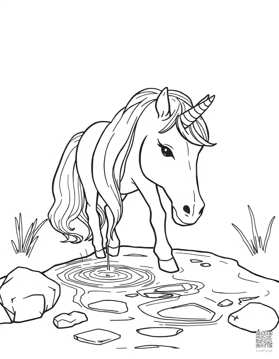 A unicorn drinking from a crystal clear stream coloring page Contour style - free printable