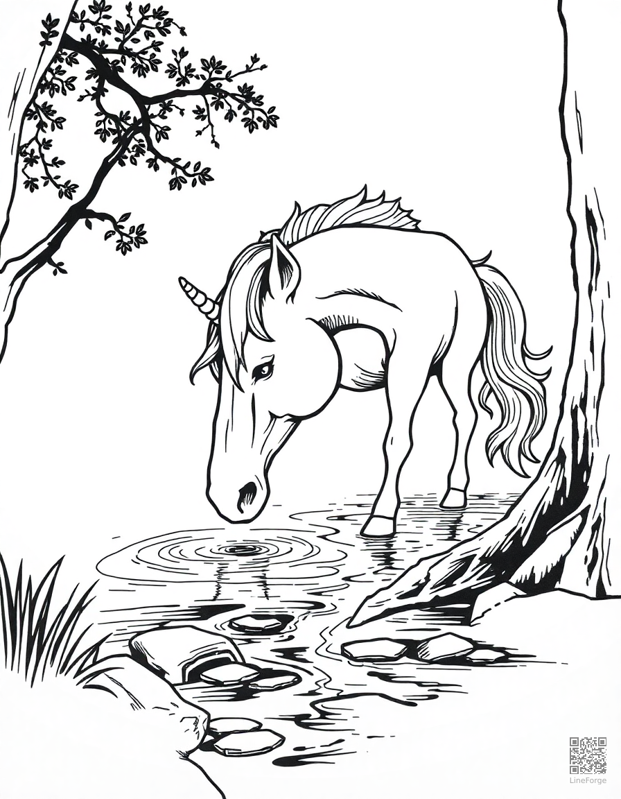 A unicorn drinking from a crystal clear stream coloring page Crosshatch style - free printable