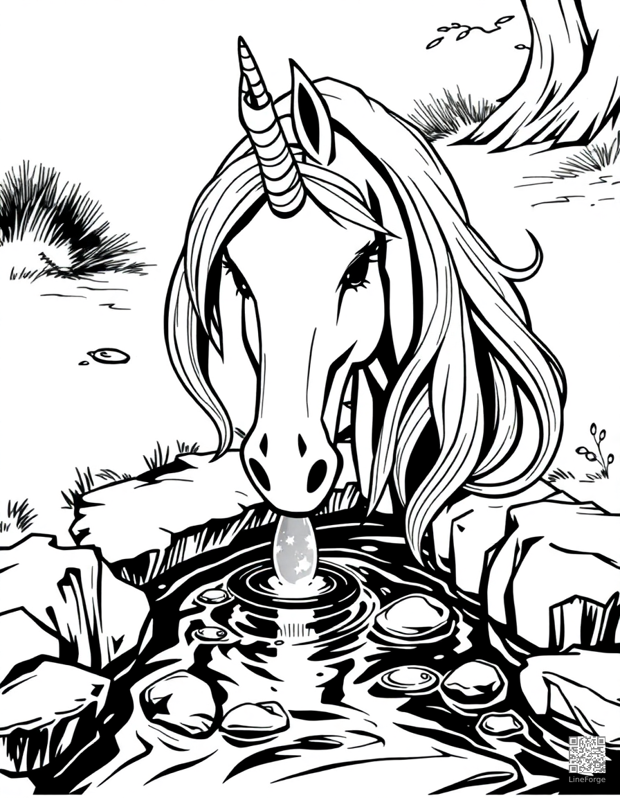 A unicorn drinking from a crystal clear stream coloring page Manga style - free printable