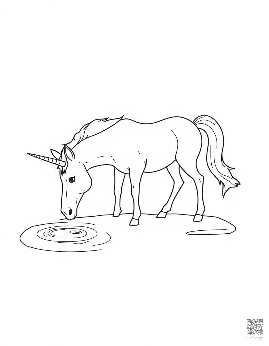 A unicorn drinking from a crystal clear stream coloring page Minimal style - free printable