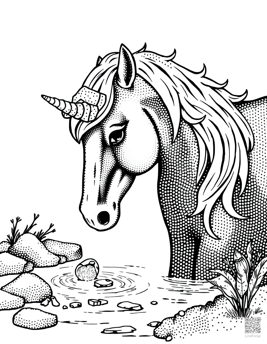 A unicorn drinking from a crystal clear stream coloring page Stipple style - free printable