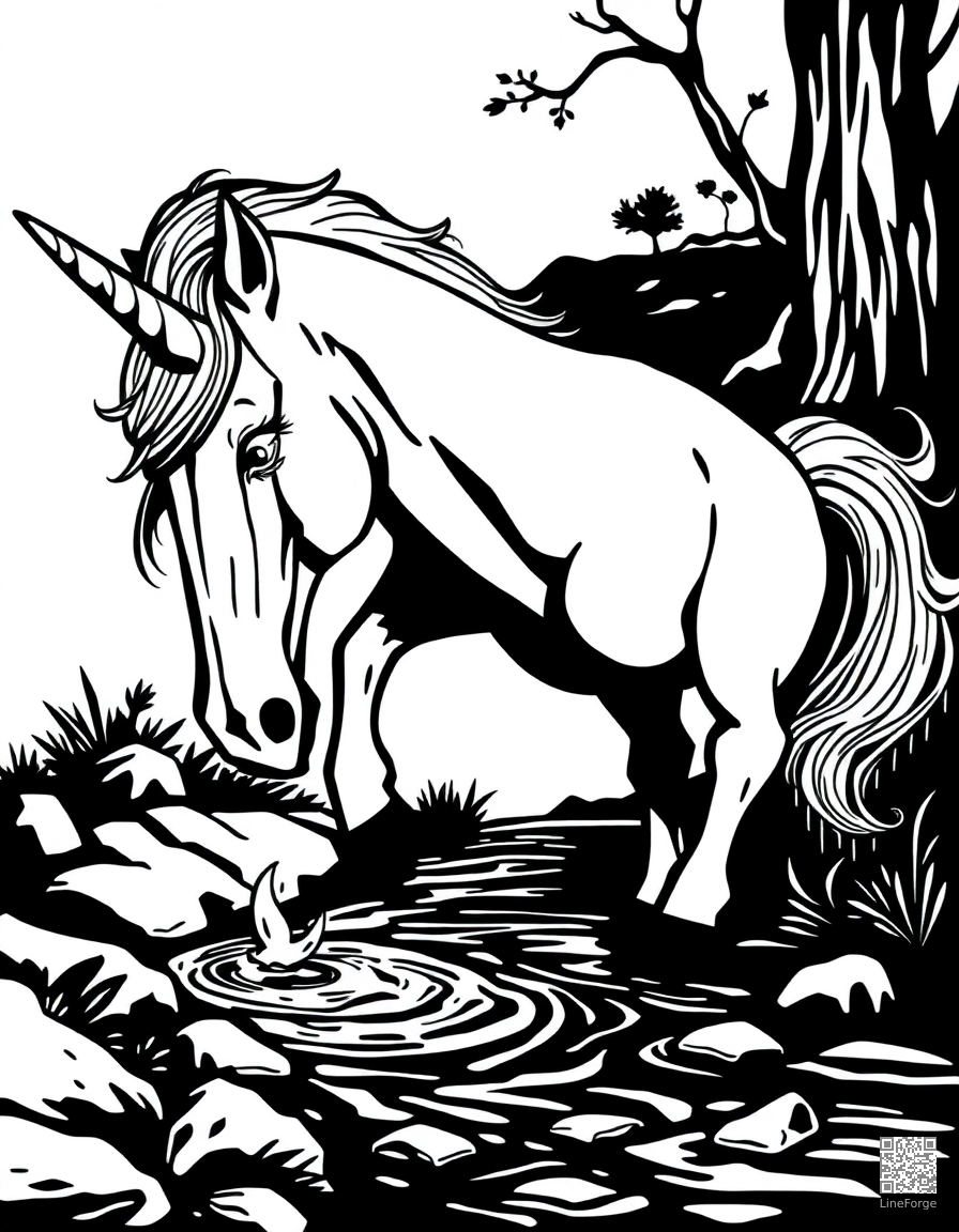 A unicorn drinking from a crystal clear stream coloring page Woodcut style - free printable
